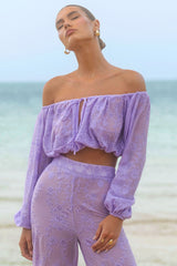 Fabienne | Lilac Broidery Bardot Puff-Sleeve Top