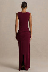 Decadence | Burgundy High-Neck Wrapped Maxi Dress With Twist-Sleeve