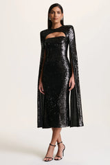 Adeline | Black Sequin Crew-Neck Midi Dress With Cape Sleeves
