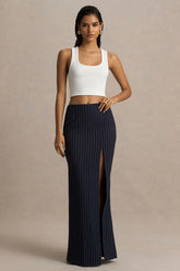 Elana | Navy Pinstripe Maxi Skirt With Front-High Split