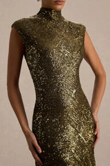 Cecy | Khaki Sequin High-Neck Maxi Dress With Cap Sleeves