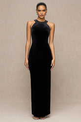 Darya | Black Velvet Embellished High-Neck Maxi Dress