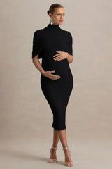 Augustina | Black Maternity Midi Dress With Cape
