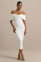 Bayshore | White Bow Bardot Midi Dress