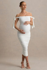 Chandelier | White Bardot Maternity Midi Dress With Bow Details