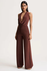 Clemence | Brown Plunge-Neck Jumpsuit
