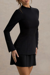 Athena | Black Long-Sleeve Mini Dress With Pleated Hem