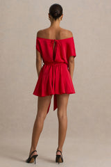 Clydie | Red Satin Asymmetric Playsuit With Tie-Waist