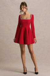 Astonish | Red Long-Sleeve Embellished Square-Neck Mini Dress With Volume Skirt