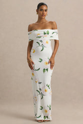 Capri | White Rose Print Bardot-Neck Maxi Dress With Ruched Detailing