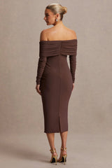 Elspeth | Brown Bardot-Neck Maternity Midi Dress