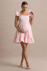 Dolly Daze | Blush Ruffle Sleeve Babydoll Maternity Mini Dress