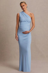 Darcie | Powder Blue Asymmetric-Neck Maternity Maxi Dress