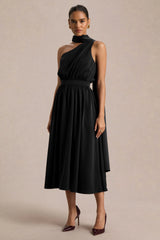 Caluna | Black Satin Asymmetric-Neck Midi Dress With Scarf-Detail