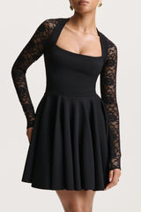 Elowen | Black Square-Neck Mini Dress With Lace-Sleeves