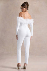 Ales | White Bardot Tailored Straight-Leg Jumpsuit With Feather Trim