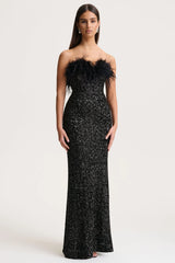 Daze | Black Sequin Bandeau Maxi Dress With Feather-Trim