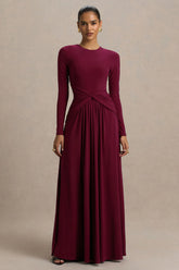 Estrella | Berry High-Neck Maxi Dress With Ruched Detailing