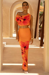 Clara | Orange And Red Placement Floral Print Maxi Skirt