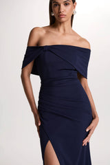 Eva | Navy Bardot Bow Detail Maxi Dress With Thigh Split