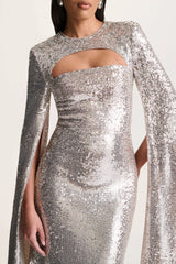 Devora | Silver Sequin Crew-Neck Maxi Dress With Cape Sleeves