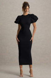 Dakota | Black Puff-Sleeve Midi Dress