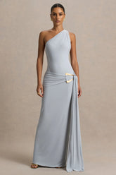 Bonnie | Blue Asymmetric-Neck Maxi Dress With Open-Back