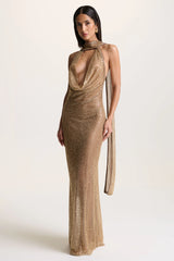 Anele | Gold Sequin High-Neck Sheer Maxi Dress With Sash And Open-Back