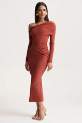 Elliora | Rust Asymmetric-Neck Midi Dress