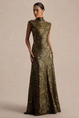 Cecy | Khaki Sequin High-Neck Maxi Dress With Cap Sleeves