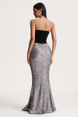 Aeris | Black Velvet And Silver Sequin Plunge-Neck Maxi Dress