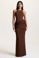 Akari | Brown Crew-Neck Maxi Dress With Satin Skirt
