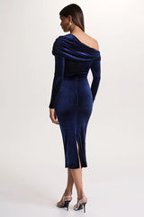 Eirene | Blue Velvet Asymmetric-Neck Midi Dress