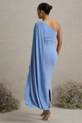 Amaryllis | Powder Blue Maternity One Shoulder Maxi Dress with Cape Sleeve