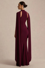 Cordy | Burgundy High-Neck Maxi Dress With Scarf-Detail