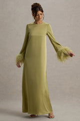 Adella | Light Green Satin Feather-Trim Maxi Dress
