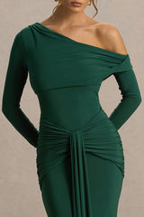 Clover | Dark Green Asymmetric-Neck Wrapped Maxi Dress With Sash