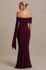 Aquila | Burgundy Bardot Maternity Maxi Dress With Draped Detail
