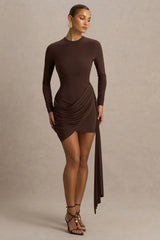 Calista | Brown Crew-Neck Mini Dress With Sash