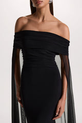 Carlotta | Black Bardot Maxi Dress With Chiffon Cape