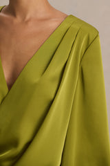 Cara | Olive Satin Plunge-Neck Micro-Mini Dress With Long Sleeve