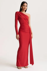 Anne | Red Asymmetric-Neck Wrapped Maxi Dress With Sash