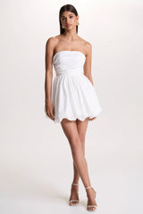 Faye | White Puff Ball Bandeau Micro Mini Dress With Ruching Details