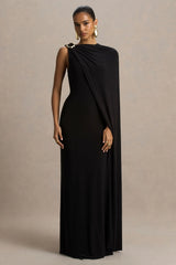 Cressida | Black Asymmetric-Neck Maxi Dress With Cape And Gold Detail