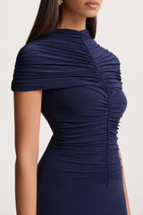 Azaria | Navy High-Neck Maxi Dress With Ruched Detailing