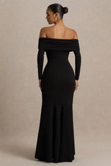 Everlasting | Black Bardot-Neck Maxi Dress With Pleated Detailing