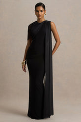 Brenda | Black Crew-Neck Maxi Dress With Mesh Cape And Sash
