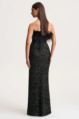Daze | Black Sequin Bandeau Maxi Dress With Feather-Trim