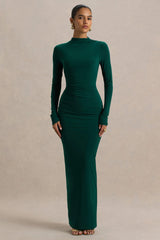 Eden | Bottle Green High-Neck Maxi Dress With Ruched Detailing