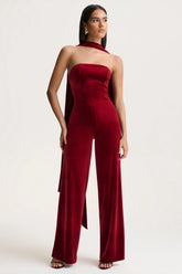 Arcane | Burgundy Velvet Bandeau Jumpsuit With Scarf